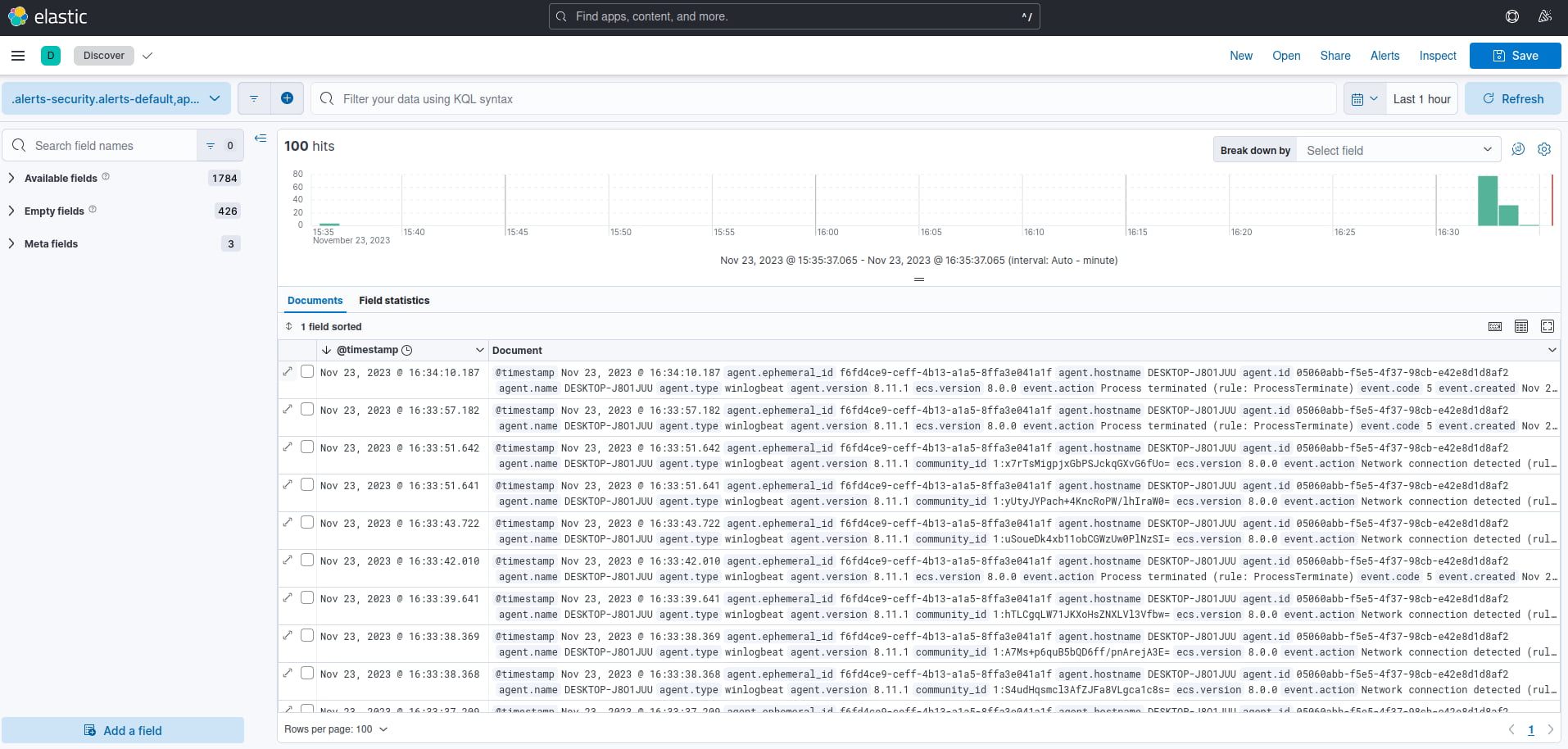 Kibana Discover dashboard showing ingested Sysmon logs from the Windows 11 client